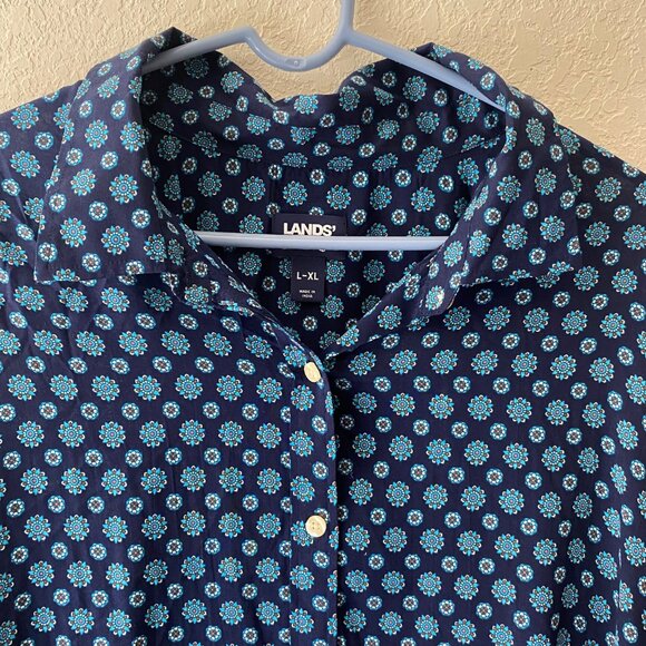 Lands End Long Sleeve Button-Up Tunic Shirt Dress L-XL Blue Floral Print Boxy La - Picture 6 of 15
